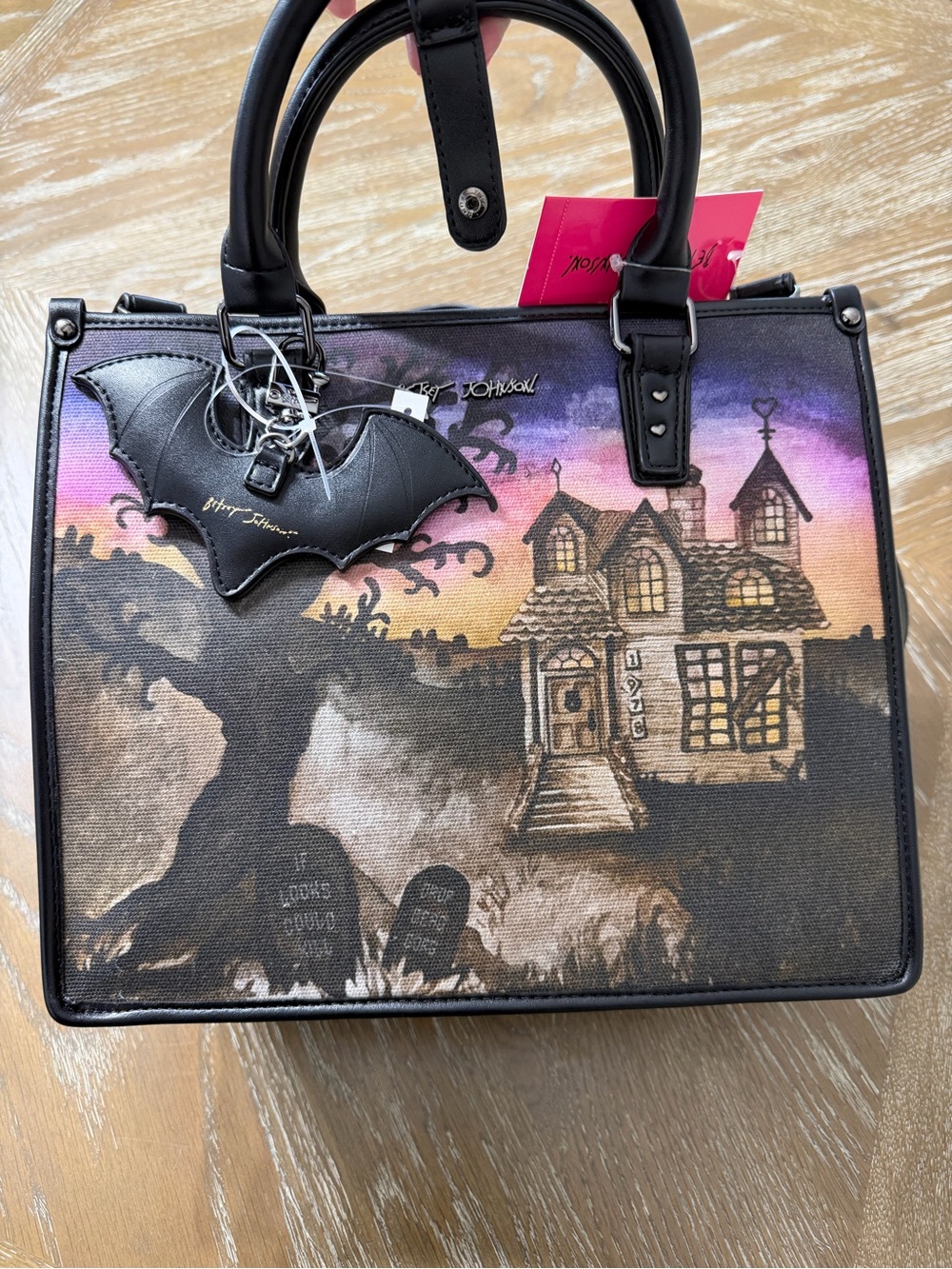 NWT Betsey Johnson Haunted House Tote Bag Halloween Satchel Purse with Bat Charm - Picture 7 of 8